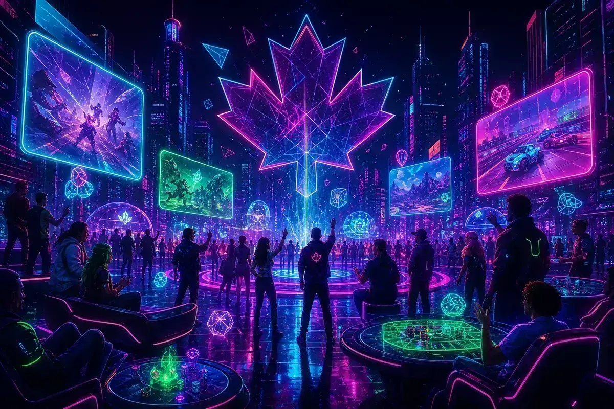 Cyberpunk gaming community gathering in holographic plaza